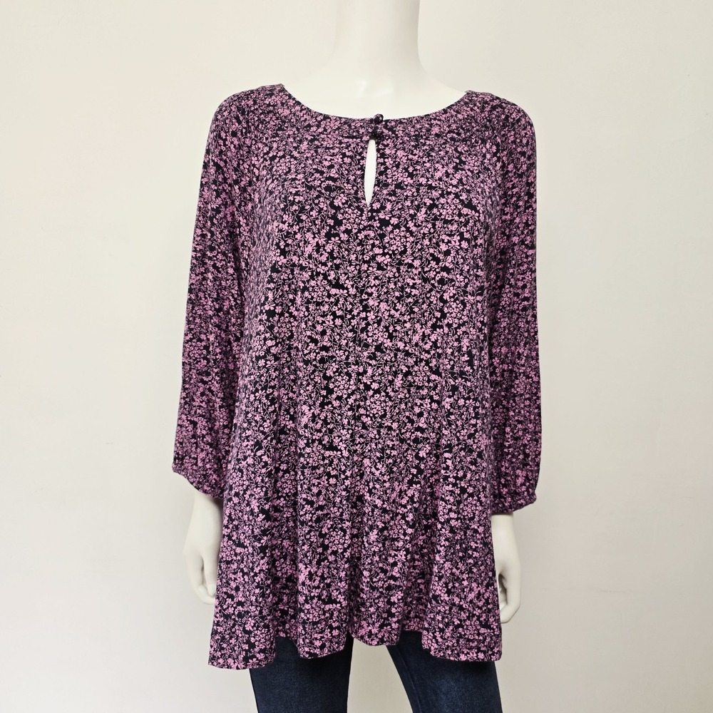 J Jill Blouse Top Size 2X Floral 3/4 Sleeve Pink Black Keyhole Neck Stretch